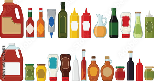 Foto Sauce and condiment glass bottles collection with empty labels for kitchen cooki