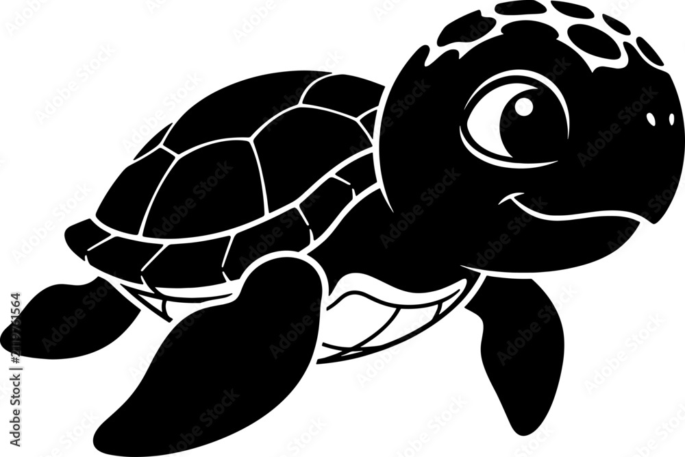 Fototapeta premium Cute baby sea turtle swimming side view silhouette vector isolated on transparent background