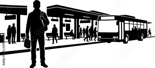 Commuters waiting on bus station platform with arriving passenger bus silhouette