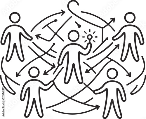 Minimal line art illustration featuring five figures connected by complex network of arrows representing diverse social interaction professional team collaboration.