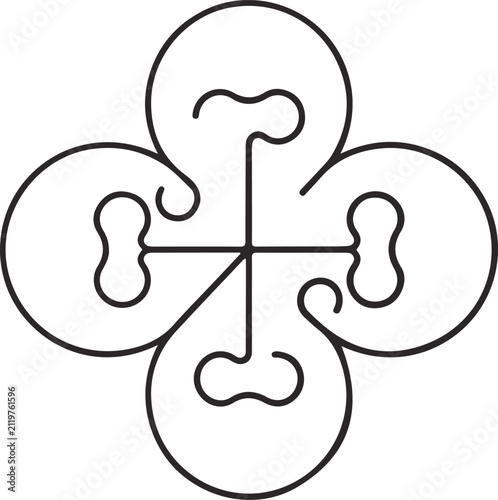 Ornate celtic knot inspired four leaf clover design featuring intricate linear patterns and curved shapes suitable for traditional emblem or decorative element.