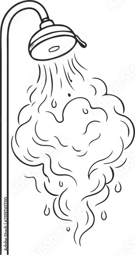 Shower head icon showing running water drops and steam clouds vector illustration in black thin line doodle style isolated on transparent background design element.