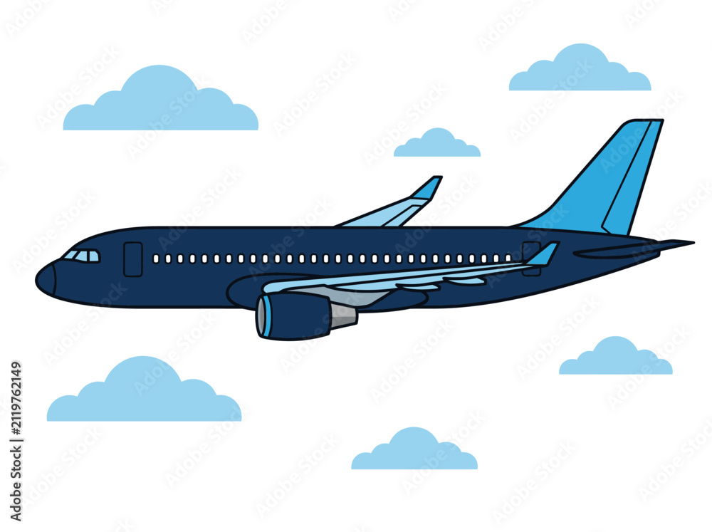 Fototapeta premium Cartoon Airplane Flying in Blue Sky with Clouds Illustration