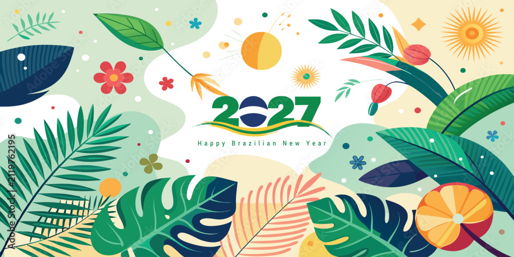Obraz premium Happy New Year 2027 colorful tropical celebration vector illustration