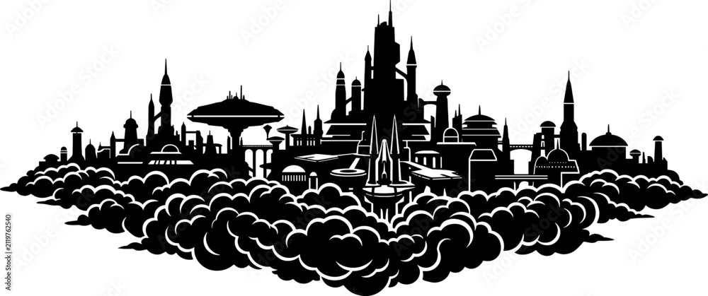 Fototapeta premium Futuristic sci-fi city silhouette floating on dense clouds over transparent background