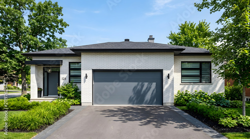 Modern white brick bungalow house exterior | Contemporary ranch style home with grey garage door | Professional architectural photography of luxury residential property | Landscaped front yard