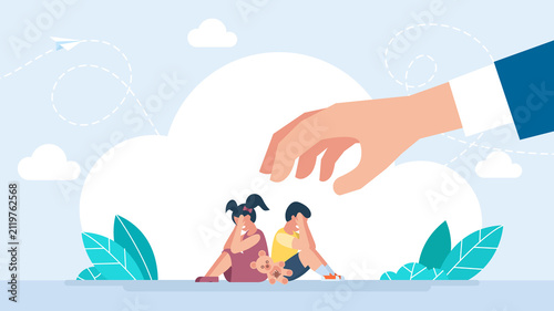 Obraz na płótnie Big adult hand threatening crying frightened children