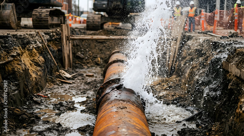 broken main water pipe repair | construction site utility line failure | underground pipe burst water gushing | city infrastructure emergency maintenance