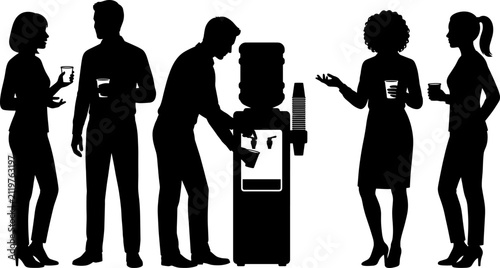 Office colleagues gather around a water cooler dispenser to talk during a break