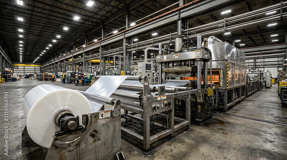 Fototapeta premium Industrial thermoforming machine assembly line | Plastic sheet manufacturing process factory | Automated plastic packaging production facility | Large scale industrial plastic extrusion plant