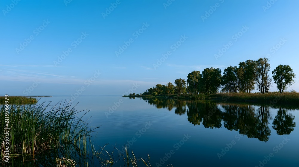 Obraz premium Calm lake mirrors clear blue sky and tree lined shore under bright sunlight creating serene natural scenery