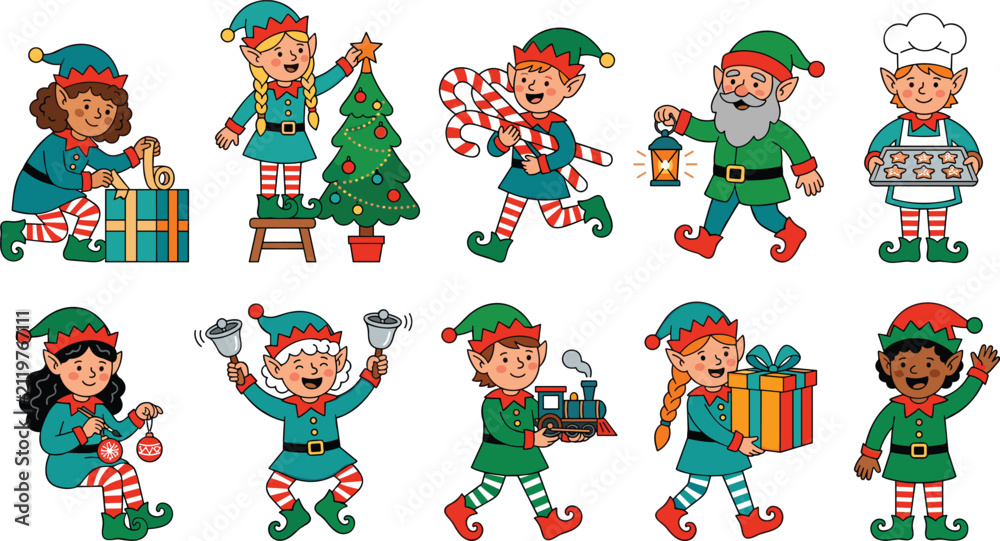 Fototapeta premium Cute Christmas Elf Character Vector Set with Festive Poses Decorating Tree Wrapping Gifts Baking Cookies and Ringing Holiday Bells for Graphic Designs