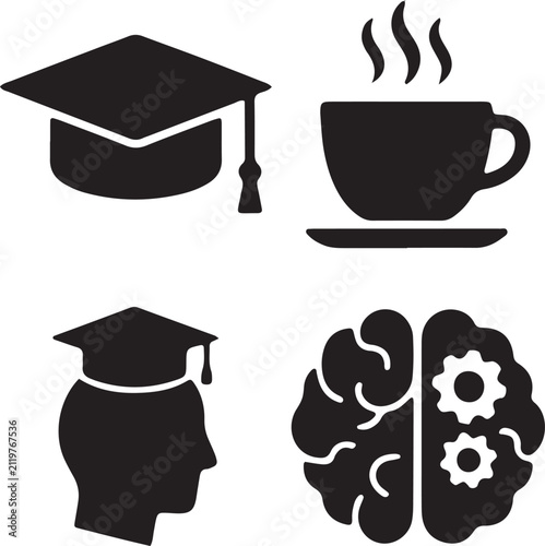 A collection of four minimalist black icons representing academic study, coffee breaks, intellectual growth, and mechanical intelligence
