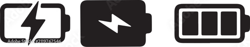 A horizontal collection of three distinct battery icon symbols representing charging, power status and full energy levels
