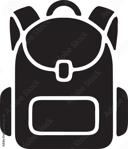 A bold black and white minimalist vector icon representing a classic school or hiking adventure backpack
