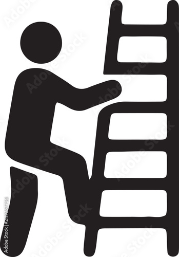 A minimalist black and white graphic icon depicting a stylized human figure climbing up a tall ladder
