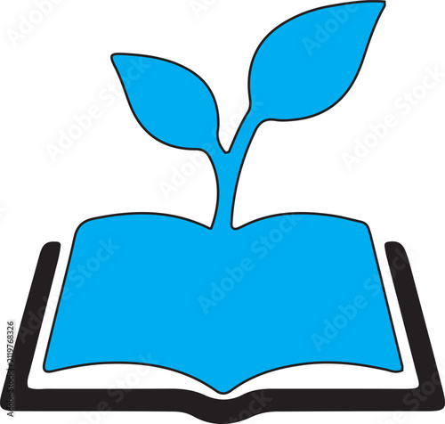 A minimalist graphic icon featuring a bright blue open book with a sprout growing from center
