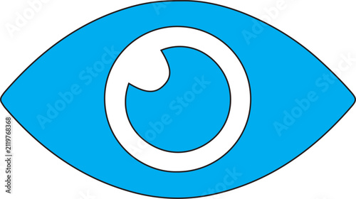 A minimalist graphic illustration featuring a bright blue stylized eye shape with a simple white pupil
