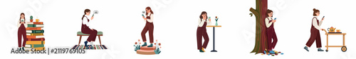 Flat illustration of a young woman in various daily life scenes constantly using her smartphone for social media and communication.
