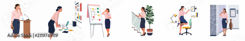Set of flat vector illustrations featuring a professional businesswoman in various office scenarios including presentations, desk work, and public speaking.