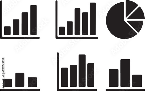 A collection of various black and white data visualization icons representing bar charts and pie charts
