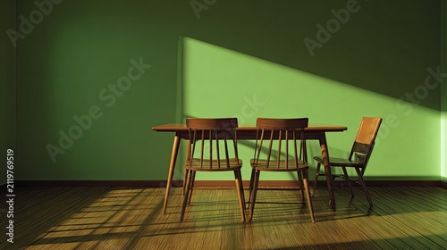 Wooden table and chairs against a green wall bathed in sunlight