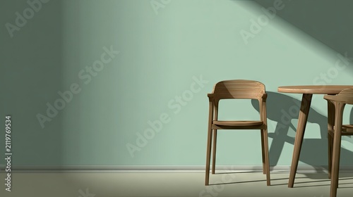 Minimalist interior design with wooden chairs and table against a pastel wall