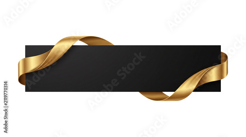 Black rectangular banner with elegant gold silk ribbon wrap for luxury greeting card design element isolated on transparent background premium invitation border.