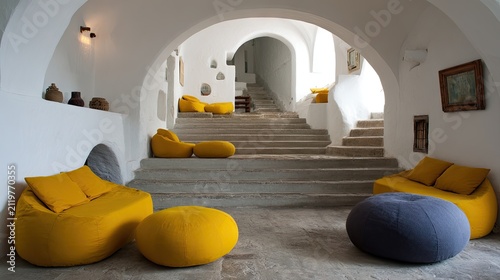Modern interior design with yellow and blue beanbag chairs