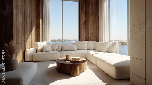 Modern living room interior with a large sectional sofa and wood paneling