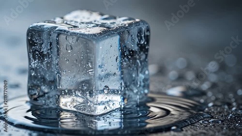 Melting ice cube with water droplets on dark textured surface