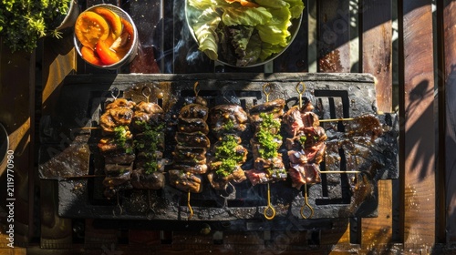 A vibrant Brazilian barbecue feast featuring an array of skewered meats like succulent picanha, tender beef ribs, spicy sausages, and chicken hearts being expertly carved by a gaucho chef in tradition