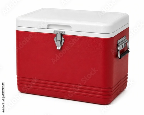 Classic red cooler box for outdoor picnics and camping trips. Portable insulated ice chest keeping food and drinks fresh during adventures.