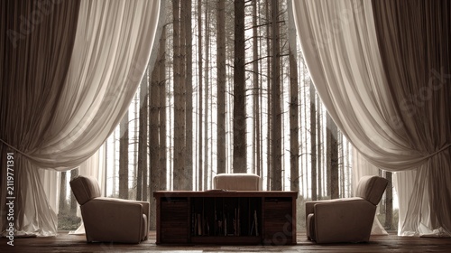 Elegant room interior with forest view and soft light for tranquility