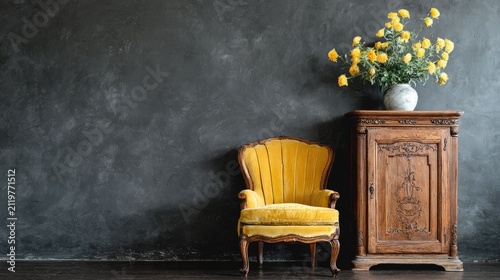 Elegant yellow chair and floral arrangement beside ornate wooden cabinet