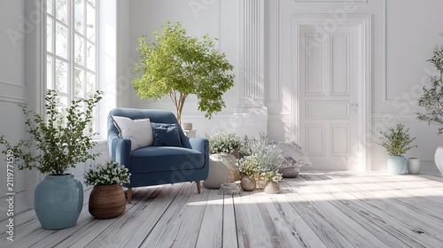Elegant interior scene with armchair potted plants and bright natural sunlight