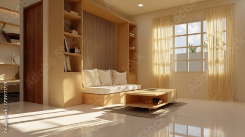 Modern living room interior design with sunlight and cozy furniture