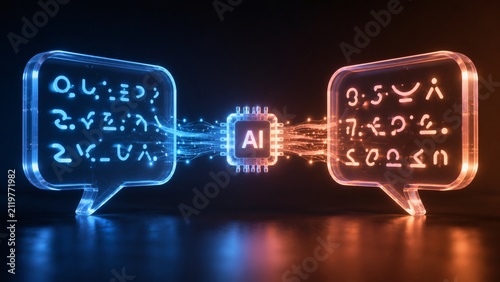 A 3D rendered concept of AI powered language translation with glowing digital speech bubbles