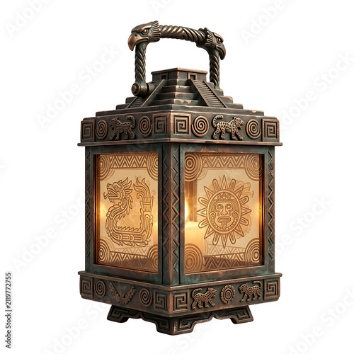 Ornate Aztec Style Bronze Lantern with Sun and Serpent Engravings Isolated on White Background
