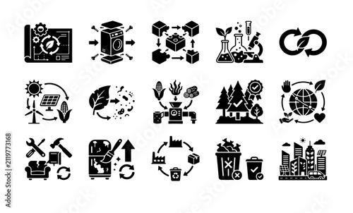 Obraz na plátně Circular economy icons set, 15 black glyph vector elements for sustainable indus