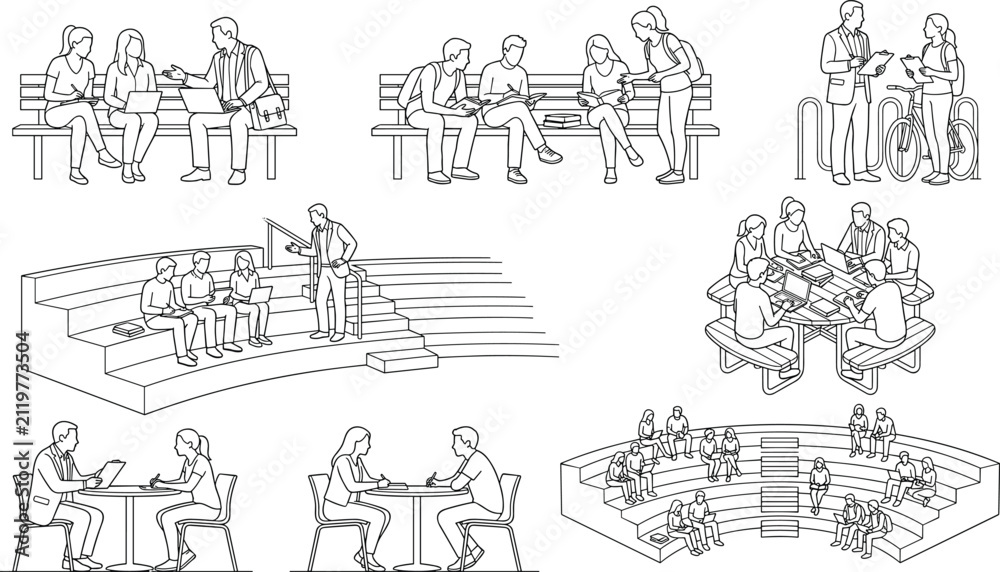 Obraz premium Set of outline vector illustrations of students and professionals studying and working together