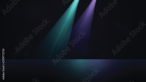 Abstract stage backdrop with cyan and purple intersecting light beams, spotlight