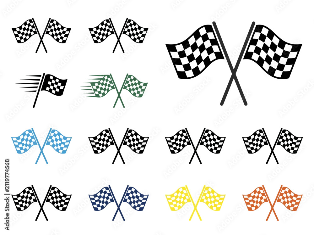 Obraz premium Set of checkered racing flag icons in various colors and styles