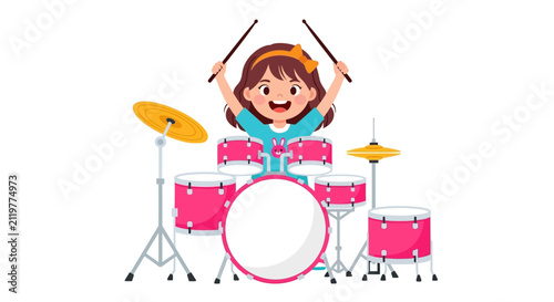 Obraz na plátne Cheerful little girl playing pink drum kit, happy child drummer with drumsticks,