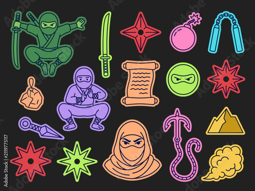 Bild auf Leinwand Neon Ninja Warrior and Weaponry Icon Sticker Set on Black Background