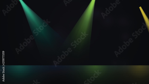 Abstract stage background with green and yellow spotlight beams, spotlight