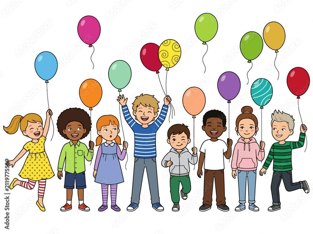 Fototapeta premium Diverse Group of Happy Children Holding Colorful Balloons Illustration