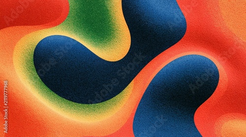 Textured abstract graphic with soft fluid rounded shapes, cool dark blue blobs wrapped by green yellow gradient rings blending into orange red zones, full uniform grain noise texture mimicking sand an
