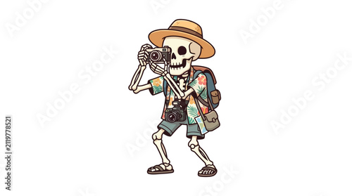Cartoon skeleton tourist taking photos with camera isolated on white background