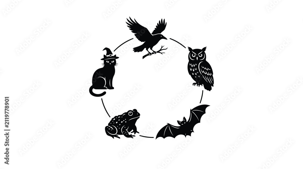 Naklejka premium Halloween animal silhouette circle icon with witch cat raven owl frog and bat isolated on white background